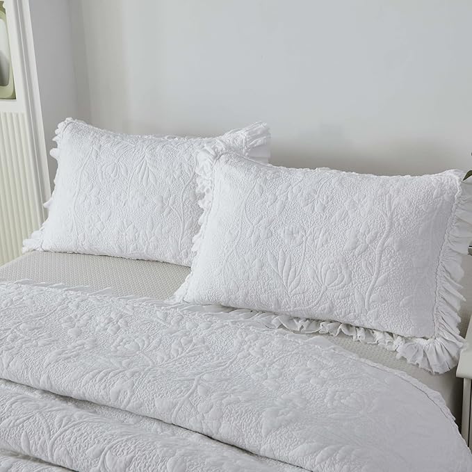 Brandream White Quilt Set Queen Size Cotton Shabby Chic Luxury Ruffle Bedspread Matelasse Coverlet Set 3-Piece