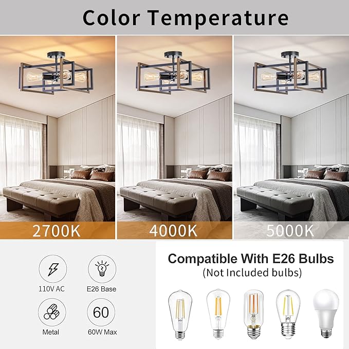Industrial Flush Mount Ceiling Light Fixture, 4-Light Modern Metal Square Farmhouse Black Retro Close to Ceiling Lights Sloped Chandelier Lighting for Bedroom Hallway Living Room Kitchen Foyer