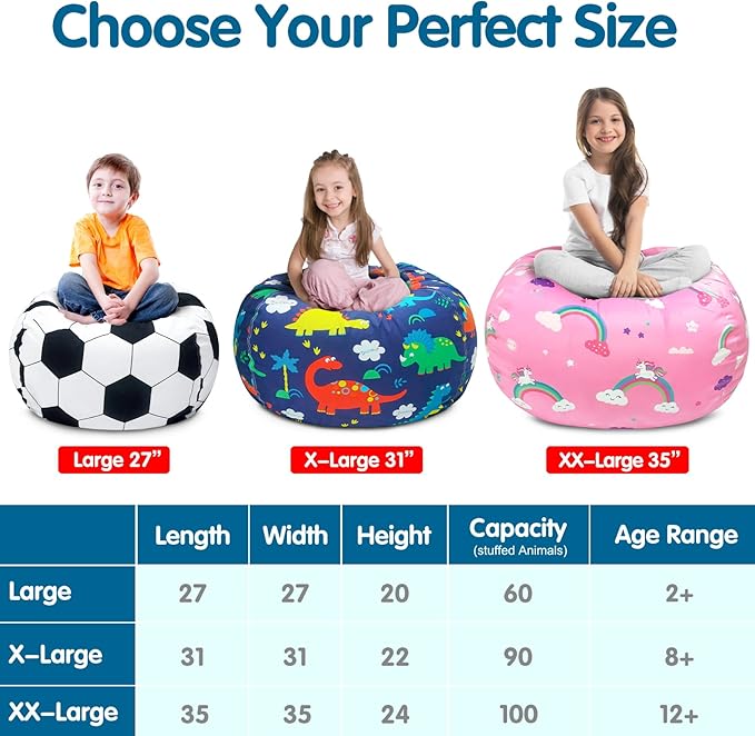 Lukeight Stuffed Animal Storage Bean Bag Chair Cover for Kids, Dinosaur Zipper Beanbag Chair Cover for Organizing Toddler and Kids' Rooms Plush Toys (Dinosaur Blue, X-Large)