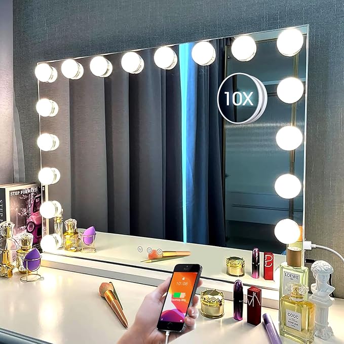 Kottova Vanity Mirror with Lights,27.6 x21.6'' Large Makeup Mirror, 3 Color Modes,Touch Control, USB Charger Port, Hollywood Lighted Mirror with 18 Dimmable LED,Metal Frame,Plug in