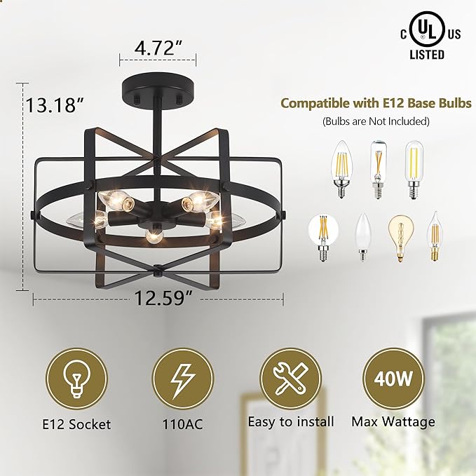 5-Light Black Ceiling Light Fixture, 12.6'' Farmhouse Industrial Semi Flush Mount Ceiling Light, Modern Geometric Metal Ceiling Lamp for Entryway Hallway Kitchen Bedroom Dining Room