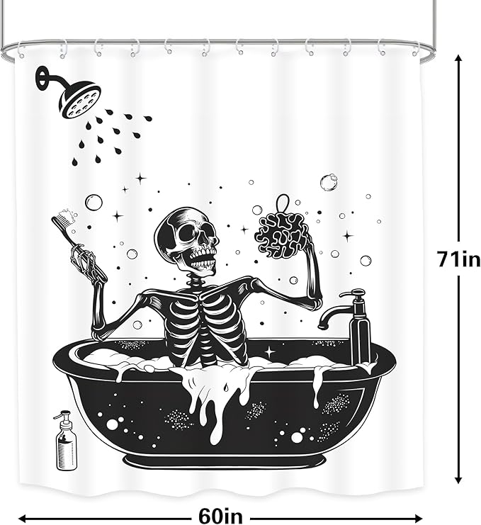 LGhtyro Funny Skull Halloween Shower Curtain Bathroom Set 60Wx71H Inches Black White Gothic Skeleton Bathing in Bathtub Spooky Cool Bath Accessories for Men Boys Art Home Decor Fabric 12 Pack Hooks