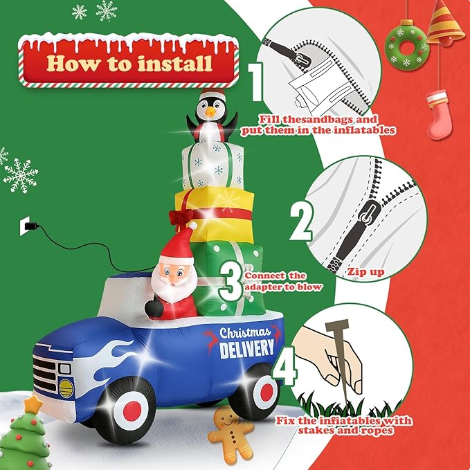 Christmas Decorations Outdoor Inflatables 10FT Christmas Car with Gift Package Inflatable Decor with Build-in LEDs Blow Up for Christmas Party Indoor Outdoor Yard Garden Lawn Patio