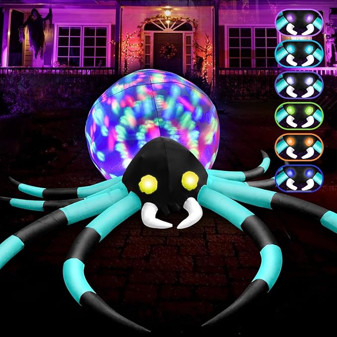 12Ft Halloween Inflatables Decorations Spider Built-in 7-Colors Changing LED Lights, Giant Blow ups Yard Decorations Outdoor with Colorful Rotating Lights & Glowing Eyes for Garden Lawn(Cyan)