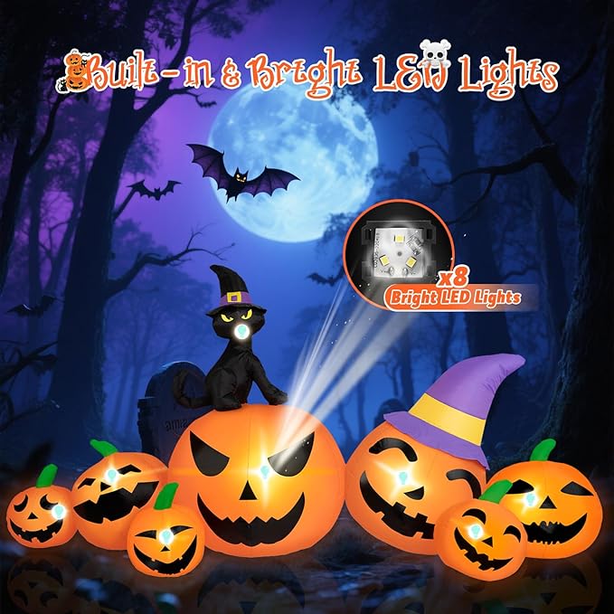 8FT Long Halloween Inflatables Pumpkin Outdoor Decorations, 7 Blow Up Pumpkins Inflatables with Witch Hat & Black Cat Built-in LED Lights for Halloween Party Yard Garden Lawn Decorations