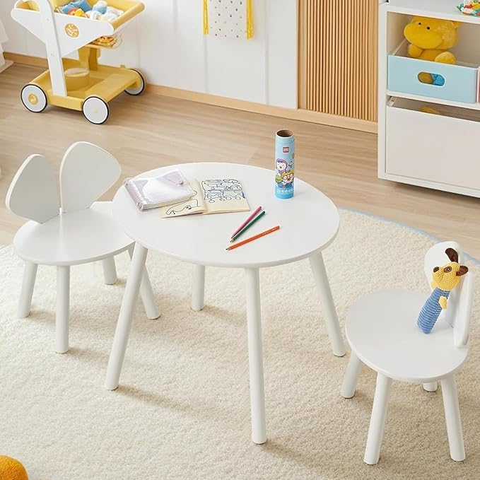 VECELO Kids Table and Chair Set, Oval Table with 2 Bunny Ear Chairs, Perfect for Toddlers Playing and Activities, Snow White