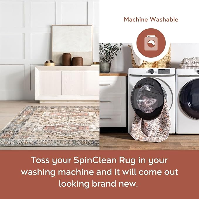 nuLOOM 8' x 10' SpinClean Machine Washable Stain-Resistant Area Rug with Non Slip Backing, Low Profile for Living Room, Bedroom, and Dining Room, Mae Peach
