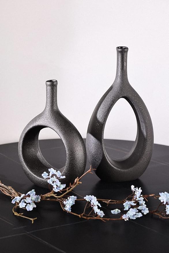 Black Ceramic Vase Set 2,Modern Hollow Circle with Hole Flower Vase for Home Decor,for Table Centerpieces,Farmhouse,Fire Place,Living Room,Bedroom,Office,Bookshelf,Rustic Decor