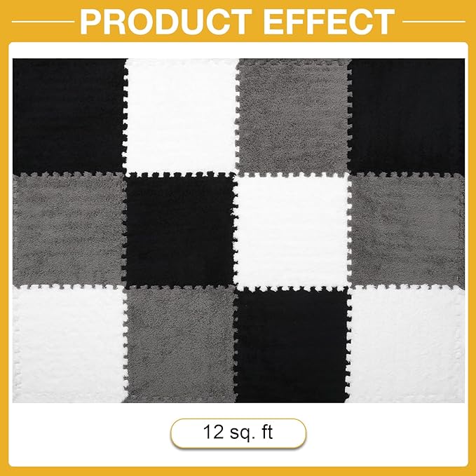 12 Pcs Plush Interlocking Carpet Tiles,Non-Toxic Foam Carpet Tiles for Toddler Baby,Machine-Washable,Anti-Slip,EVA Foam Interlocking Tiles for Floor, Nursery, Playroom,Grey White Black