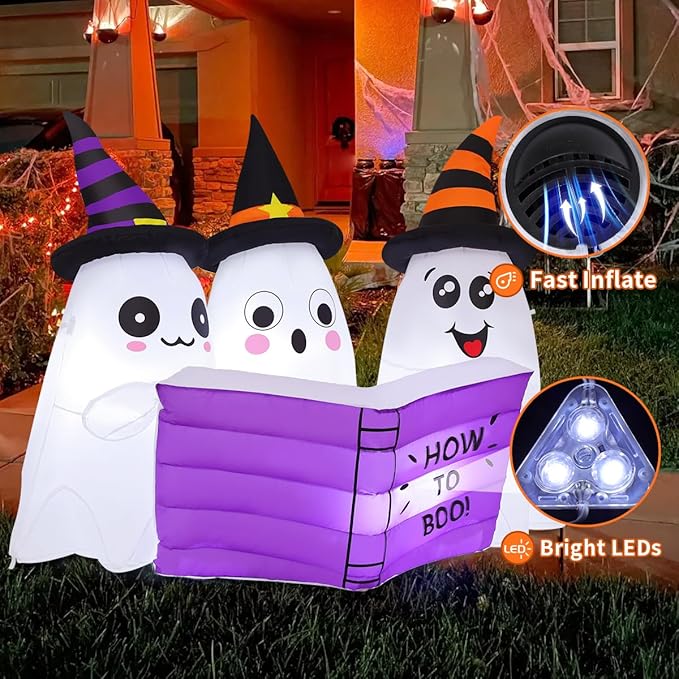 GOOSH 5.2FT Long Halloween Inflatables Ghost Outdoor Decoration Blow Up Yard Cute Ghosts Reading Book with Built-in LEDs for Indoor Party Garden Lawn Holiday Decor