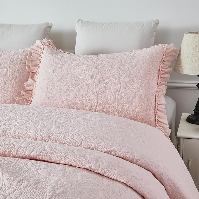 Brandream Queen Size Quilt Set Cotton Light Pink Quilts Shabby Chic Bedding Romantic Ruffle Bedspread Matelasse Coverlet Set 3-Piece