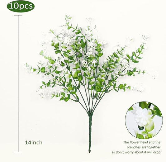 Artificial Flowers for Outside Artificial Faux Plants Flowers Outdoor Spring Decoration, Fake Eucalyptus Realistic UV Resistant for Planter Pot UV Resistant Realistic Outside Porch Patio Garden(White)