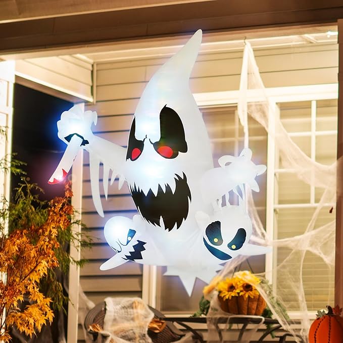4FT Halloween Inflatable Decoration 3 Ghost Break Through Out From Window, Halloween Inflatable Decor Indoor Outdoor Lawn Yard Decoration, Halloween Build-in RBG LED Lighted Blow Up Decoration
