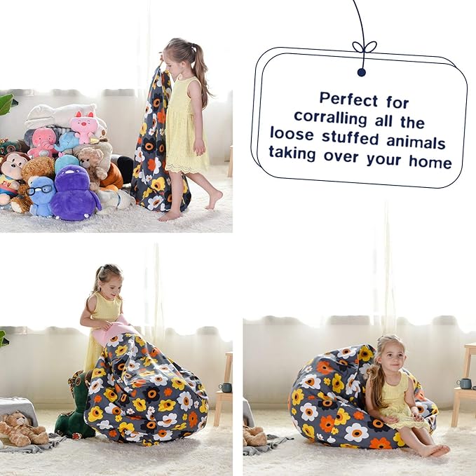 YuppieLife Kids Storage Bean Bag Cover(No Filling)Toy Organizer|Carrying Handle Sofa|Available for Kids and Teenager|Cuddle Chair|Machine Washable and Durable(27“,Grey Flora)