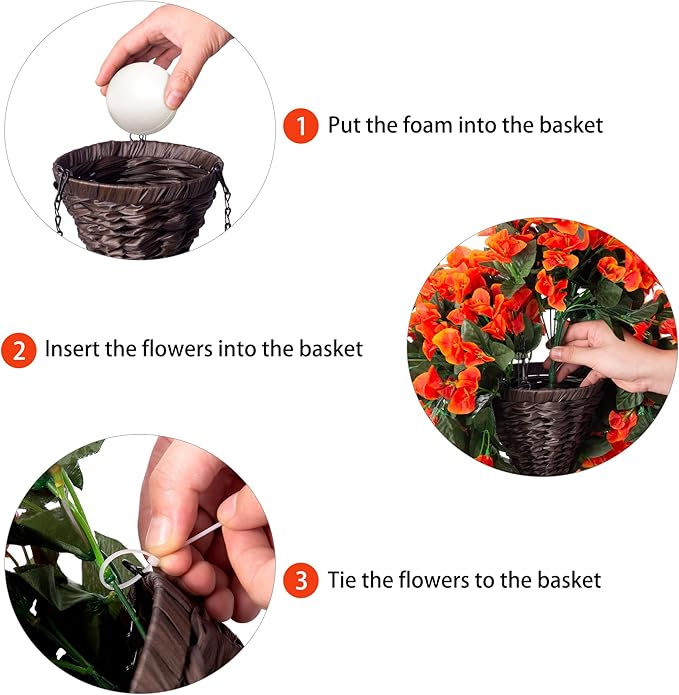 Bougainvillea Artificial Fall Flowers Fake Plants for Outdoors Autumn Decoration, 3PCS Faux Silk Hanging Trailing Vines with Baskets UV Resistant Realistic for Front Door Porch Patio Balcony, Orange