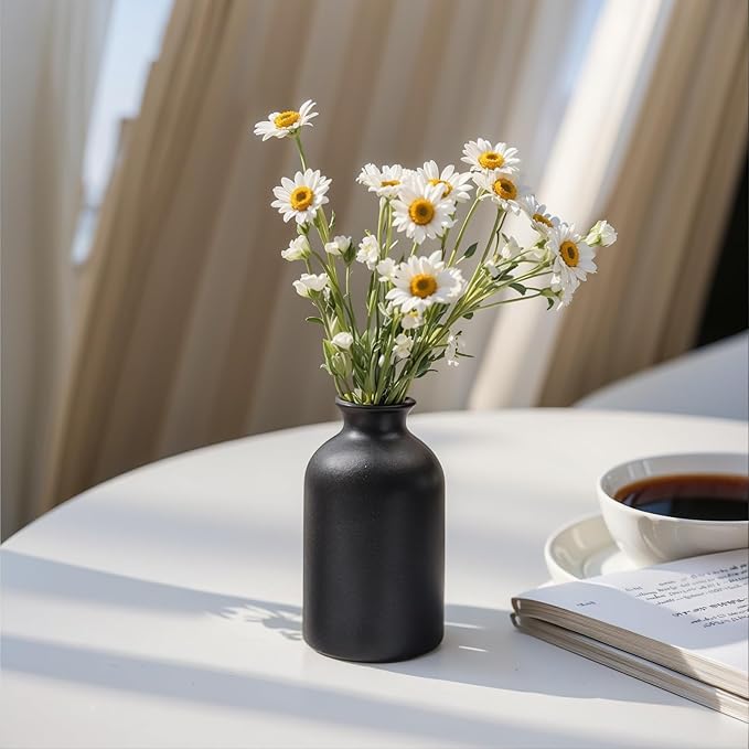 Black Vase for Flowers-Set of 6 Ceramic Small Bud Vases for Flowers & House Plants, Modern Minimalist Decorative Vases, Ceramic Vases for Centerpieces, Home, Shelf, Office, Table, Mantel Decor