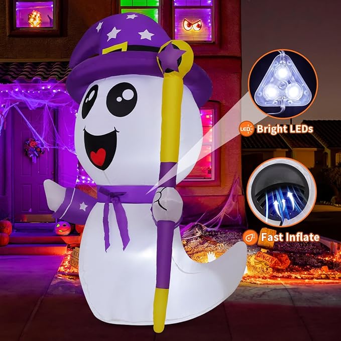 GOOSH 5FT Halloween Inflatables Ghost Outdoor Decoration Blow Up Yard Cute Ghost with Built-in LEDs for Indoor Party Garden Lawn Holiday Decor
