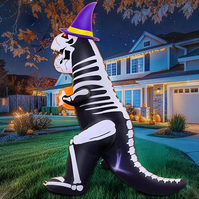 8 FT Halloween Inflatable Decoration, Built in LED Lights Blow Up Skeleton Dinosaur Holds a Pumpkin Decorations for Halloween Party, Indoor, Outdoor, Garden, Yard Lawn Décor