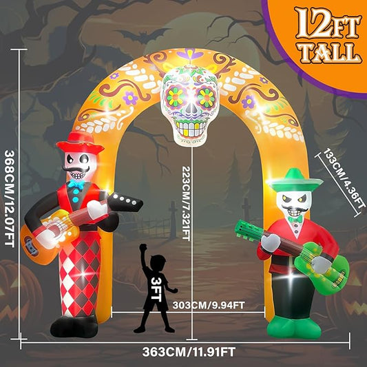 Kalolary 12FT Halloween Inflatables Archway, Day of The Dead Arch Inflatable with Build-in LED Lights Dia De Los Muertos Blow Up Yard Decoration Sugar Skull Halloween Outdoor Decors for Garden Lawn