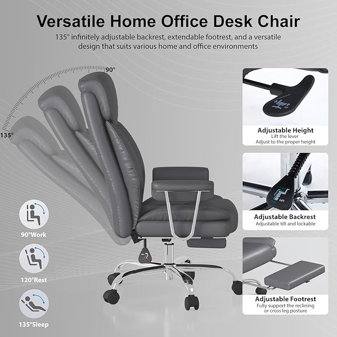Big and Tall Office Chair, Ergonomic Leather High Back Executive Computer Desk Chair with Retractable Footrest and Padded Arms, 360°Swivel Free, 90-135°Reclining, 500lbs Wide Seat, Gray