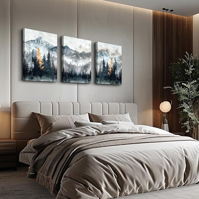 DZRWUBHS Canvas Wall Art for Bedroom Modern Wall Decor for Living Room Office Decorations Mountain Landscape Wall Pictures Foggy Forest Vintage Paintings Artwork Bathroom Home Decor Prints 3 Piece