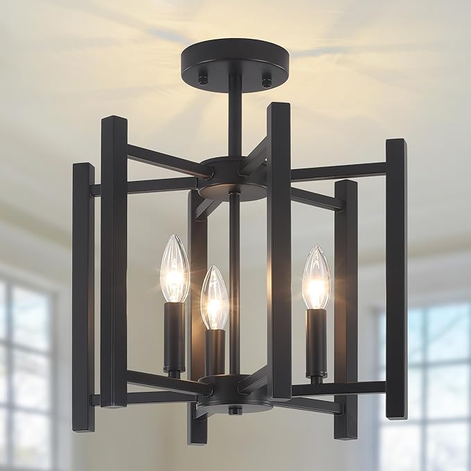 14.6'' Black Farmhouse Semi Flush Mount Ceiling Light Fixture, 3-Light Modern Ceiling Light Fixtures Industrial Flush Mount Ceiling Lighting Fixture for Dining Room Kitchen Hallway Bedroom