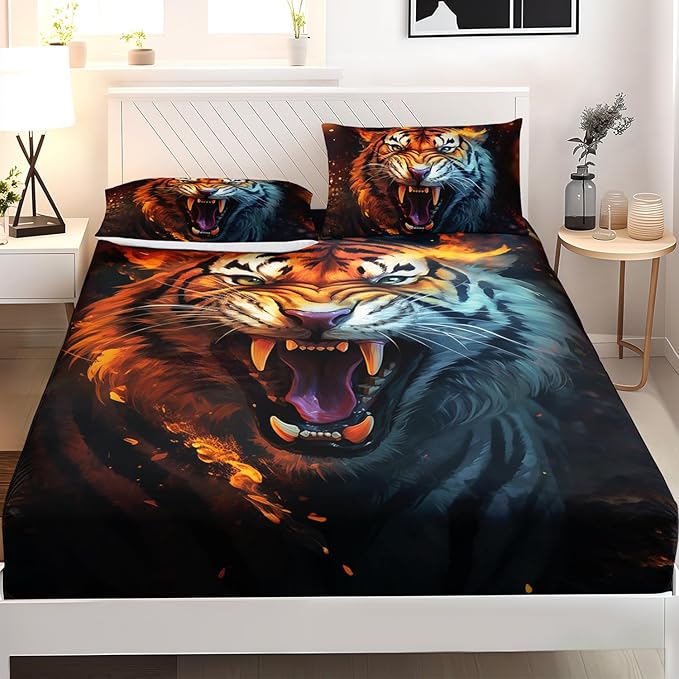 AILONEN Tiger Fitted Sheet Set Twin XL Size for Boys, Safari Tiger Bed Sheet Set for Kids Teen,3 Pieces Wildlife Bedding Flame Animal Tiger Print Fitted Sheet with 2 Pillowcases