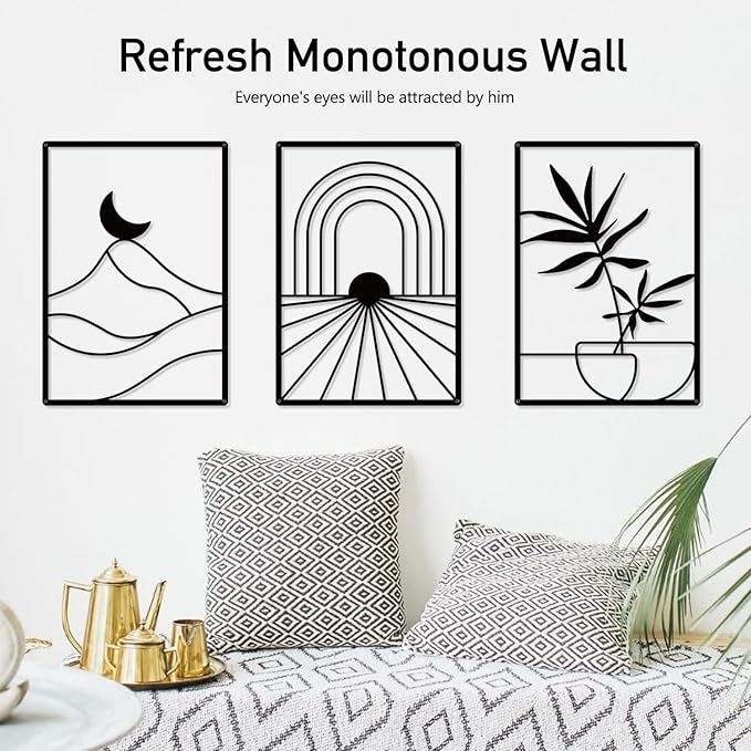 Sokurdeg Black Minimalist Metal Wall Decor, Bohemian Line Wall Decor, Modern Abstract Wall Art for Bedroom Bathroom Living Room (3 Pack, 12 x 17 in)
