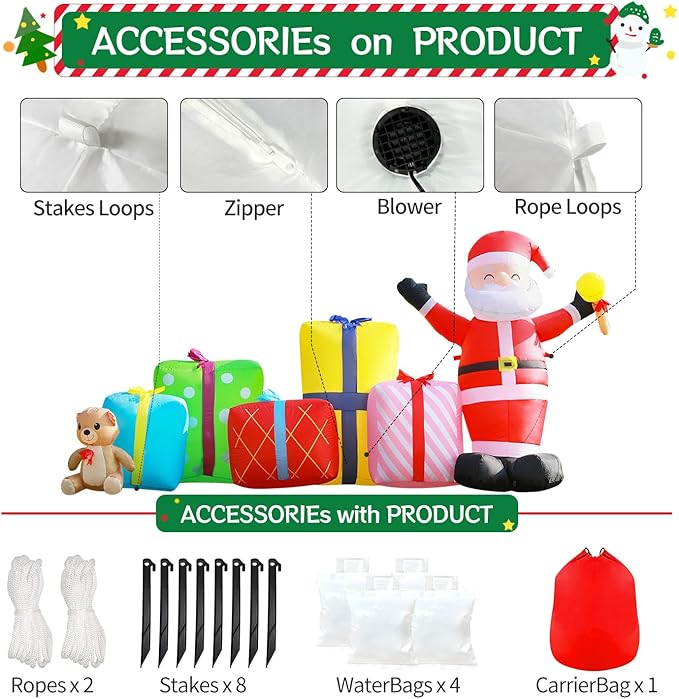 DomKom 8FT Christmas Inflatables Outdoor Decoration, Blow up Gift Boxes Santa Claus Build-in LED Lights for Party Lawn Holiday Winter Decor