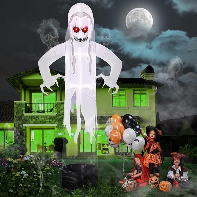 Kalolary Large 12 FT Halloween Inflatable Decoration Levitating White Ghost, Blow Up Animated Red Eyes Ghost with Build-in LEDs, Scary Inflatable for Yard Garden Lawn Indoor Outdoor Decor
