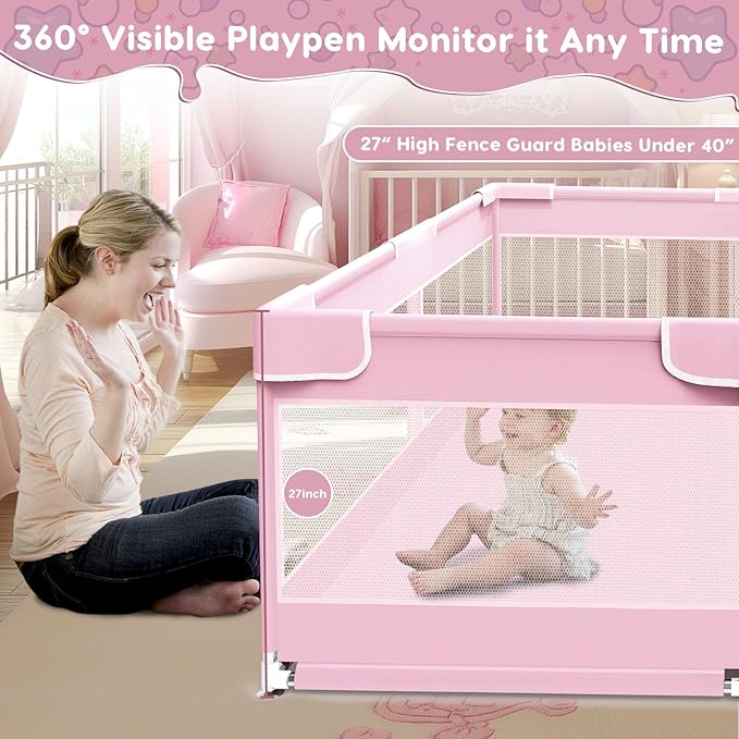 Baby Playpen, Baby Playard for Babies and Toddlers, BabyFence Play Pens for Indoor & Outdoor, Sturdy Safety Play Yard with Soft Breathable Mesh, Anti-Fall, 50 * 50 * 27 inches, Pink