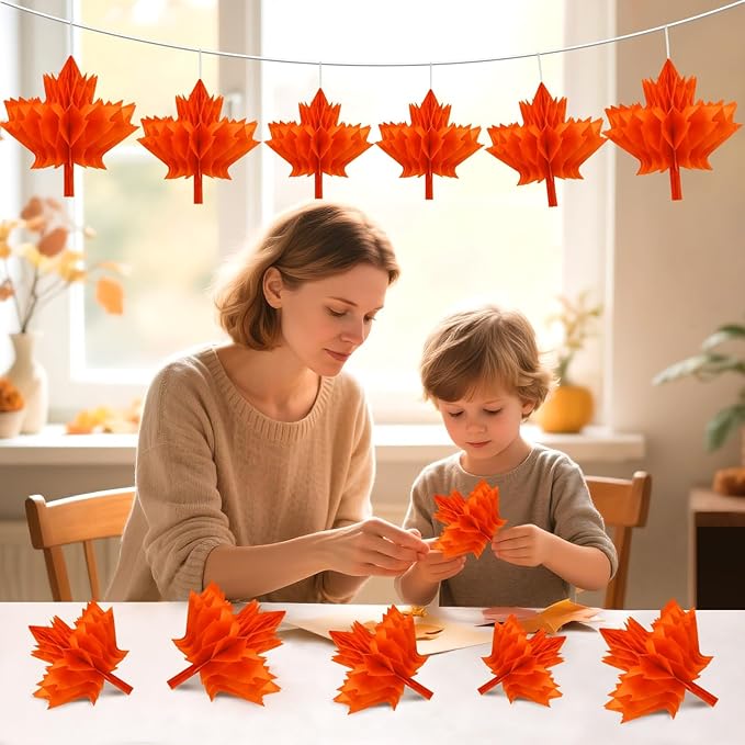 15Pcs Maple Leaf Honeycomb Decorations, Fall Thanksgiving Paper Honeycomb Hanging Ornaments for Autumn Party Favor Supplies Home Decor