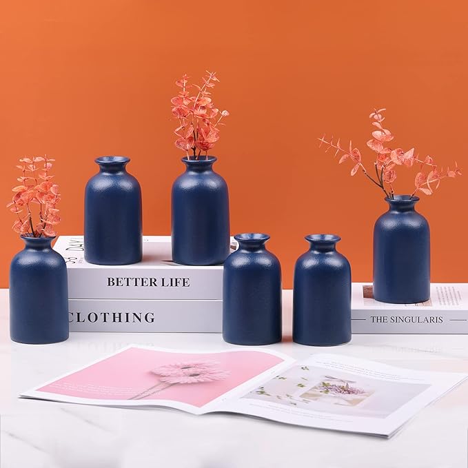 Blue Vase for Decor, Blue Ceramic Bud Vase Set of 6, Modern Boho Small Vases, Table Centerpieces for Dining Room, Home, Office, Shelf Decor