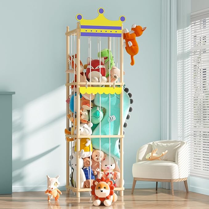 Stuffed Animal Storage Stuffed Animal Zoo, 60" Wood Large Animal Storage Toy Holder with High Elastic Rope, Zoo Organizer Cage for Nursery,Playroom,Bedroom