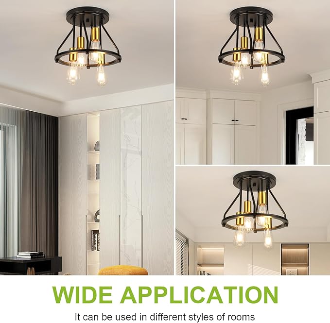 WILON Semi Flush Mount Ceiling Light 4-Light Ceiling Light Fixtures - Black Gold Farmhouse Kitchen Light Industrial Hallway Light Fixtures Ceiling Lamp for Hallway Kitchen Foyer (E26 Socket)