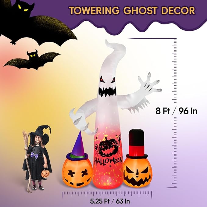 8 Ft Halloween Decoration Outdoor Inflatables, Ghost Ghost and 2 Pumpkin with Built-in LED, Halloween Blow Up Yard Decorations Light, Inflatables Decor for Garden Lawn Party Outside