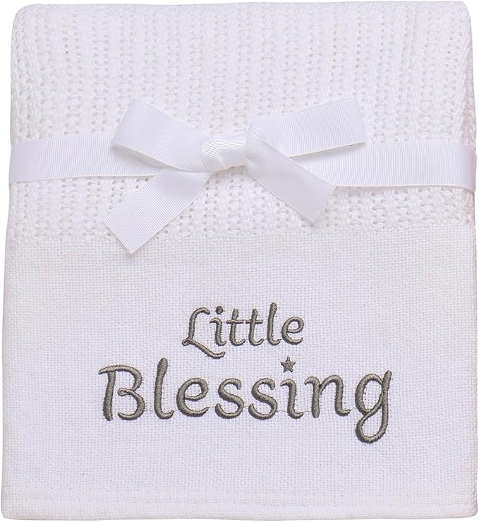 Cotton Knit Baby Blanket with Embroidery, Little Blessings, 30 in. x 40 in., White, Unisex