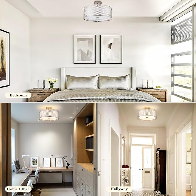 17" Semi Flush Mount Ceiling Light Fixture, Modern 3-Light E26 Double Drum Ceiling Lighting with White Fabric Lampshade and Gloden Iron Mesh Cage for Living Room Bedroom, Brushed Nickel