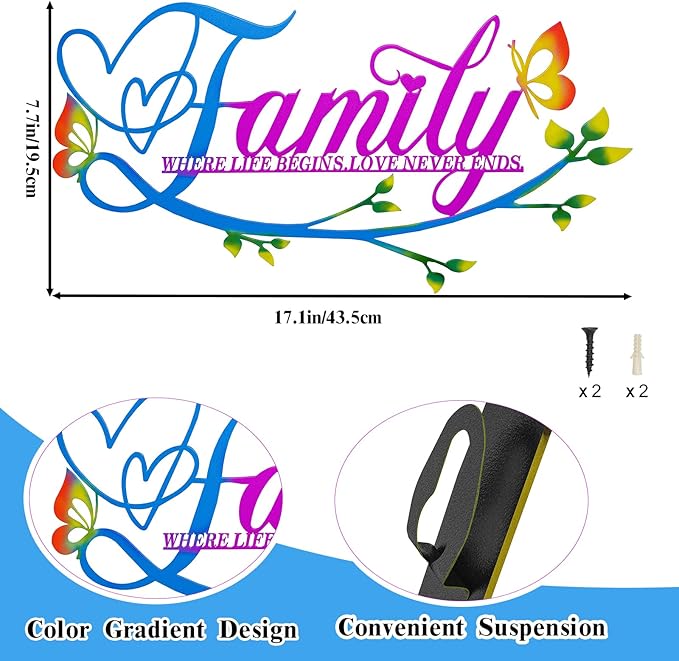 Family Where Life Begins Love Never Ends Word Sign Metal Wall Decor, Black Home Decor Wall Art Decorations, Letters Quotes Sign for Living Room Bedroom Kitchen Indoor Outdoor Decor(17.5 x 9in)
