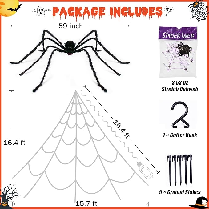 Halloween Spider Web Lights Decoration 250LED Light up Spider Webs Halloween Decorations Outdoor with 59" Large Spider & 3.53oz Stretch Cobweb 16.4Ft Giant Web with 8 Modes, Orange