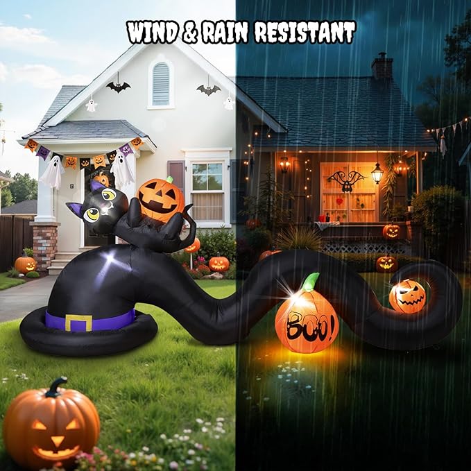 Dawdix 9FT Long Halloween Inflatables Witch Hat with Black Cat and Pumpkins, Large Lighted Blow Up Decoration for Yard, Halloween Outdoor Inflatable for Party Garden Patio Lawn Decor