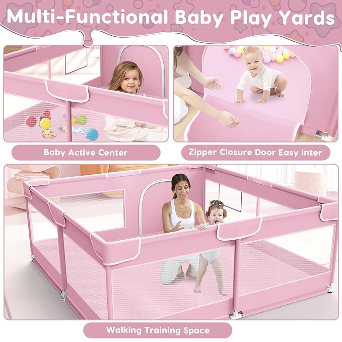 Baby Playpen, Baby Playard for Babies and Toddlers, BabyFence Play Pens for Indoor & Outdoor, Sturdy Safety Play Yard with Soft Breathable Mesh, Anti-Fall, 50 * 50 * 27 inches, Pink