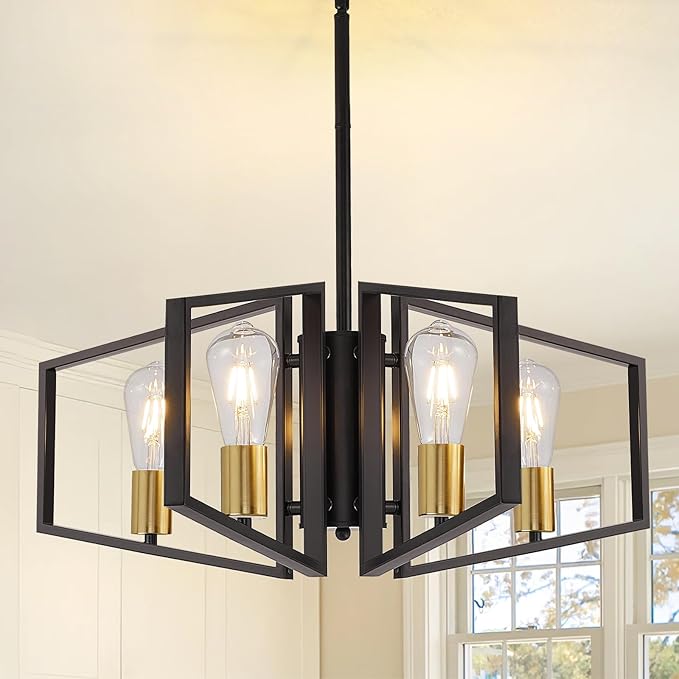 4-Light Black and Gold Chandelier, Lantern Geometric Ceiling Light Fixtures, Dining Room Light Fixtures Over Table, Modern Farmhouse Hanging Pendant Lights for Kitchen Island, Bedroom, Foyer, Entryway