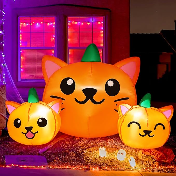 COMIN Halloween Inflatable 5FT Long Three Pumpkin Cat Head Combo with Built-in LEDs, Blow Up Yard Decoration for Holiday Party Indoor, Outdoor, Yard, Garden, Lawn
