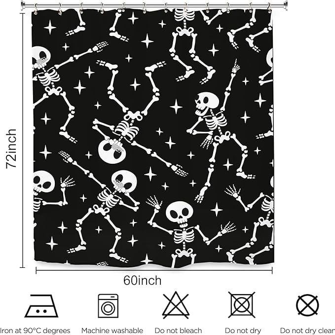 Skull Skeleton Halloween Shower Curtain 60Wx72L Inch Funny Black White Scary Horror Spooky Dancing Day of The Dead Holiday Bathroom Set Accessories Decor with 12 Pack Hooks