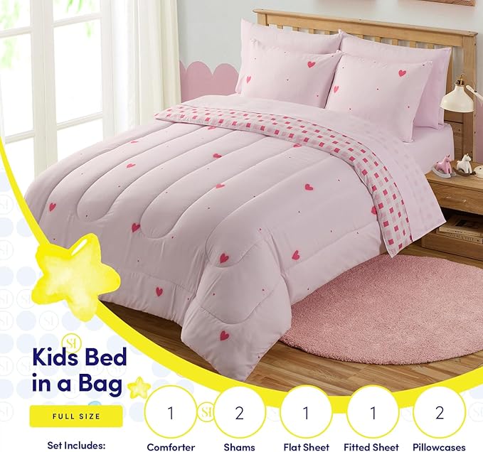 Heart Comforter Set Full Size for Girls – Soft Pink Bed in a Bag with Sheets, Pillowcases & Shams – Cute Kids Bedding with Love Hearts Design – Cozy Microfiber for Child or Tween Bedroom Decor