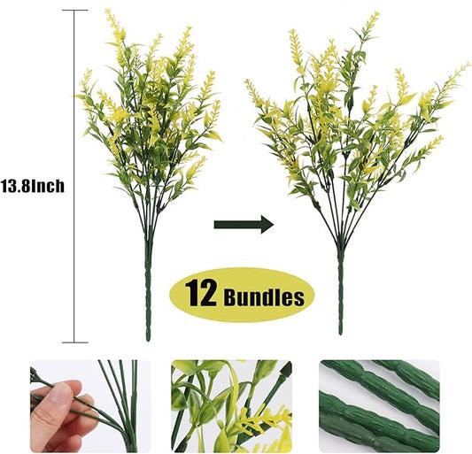 RECUTMS 12 Bundles Artificial Flowers Outdoor UV Resistant Outdoors Fake Plants Faux Plastic Flower in Bulk for Hanging Planters Outside Porch Vase Home Window Decoration,Spring Decorations(Yellow)