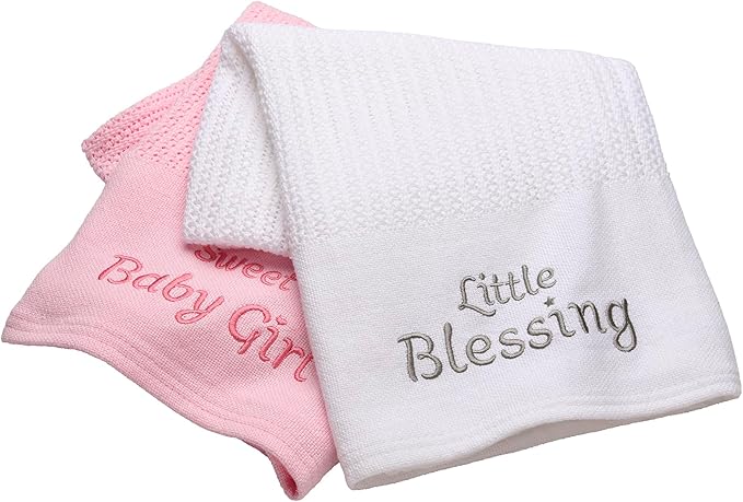 Cotton Knit Baby Blanket with Embroidery, Little Blessings, 30 in. x 40 in., White, Unisex