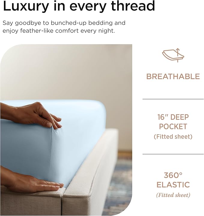 Threadmill Luxury 800 Thread Count King 100% Cotton Sheets - Light Blue Sateen Weave Bed-Sheets, Better Than Egyptian Cotton,4 Pc Solid Soft Bedding Set, Fits 16" Deep Pocket