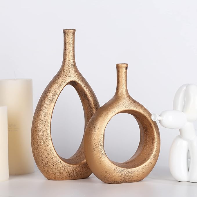 Vintage Gold Ceramic Vase Set 2,Modern Hollow Circle with Hole Flower Vase for Home Decor,for Table Centerpieces,Farmhouse,Fire Place,Living Room,Bedroom,Office,Bookshelf,Rustic Decor